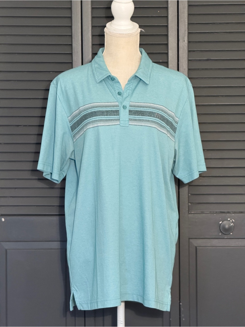 TravisMathew Men's Size L Striped Polo Shirt Aqua Blue Pima Cotton Blend Fair
